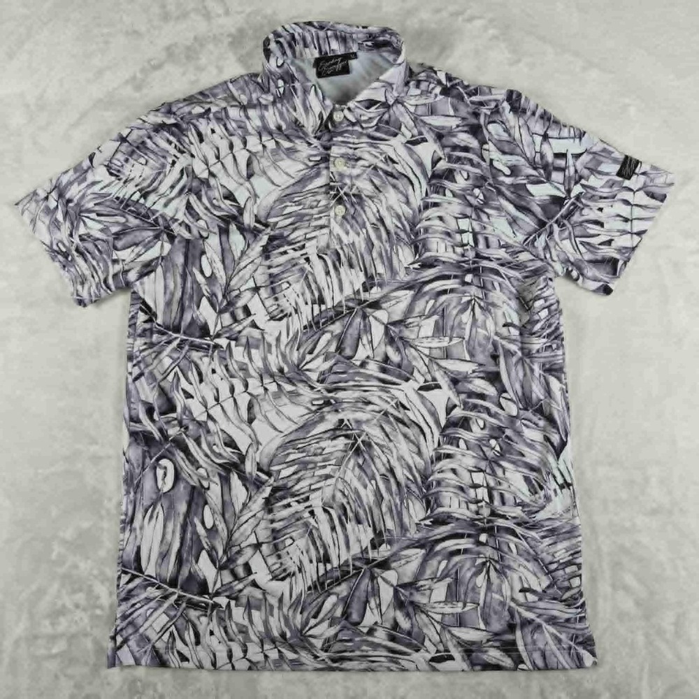 Sunday Swagger Polo Shirt Men's‎ Medium White Gray Leaf Print Performance Golf